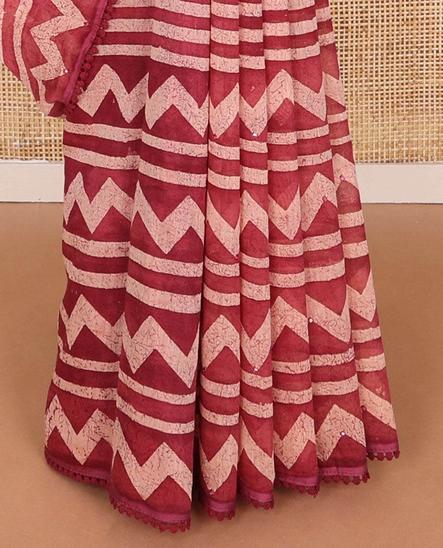 Red striped, chanderi cotton saree with contrast zig zag design, sequins work border & zig zag design, sequins work pallu