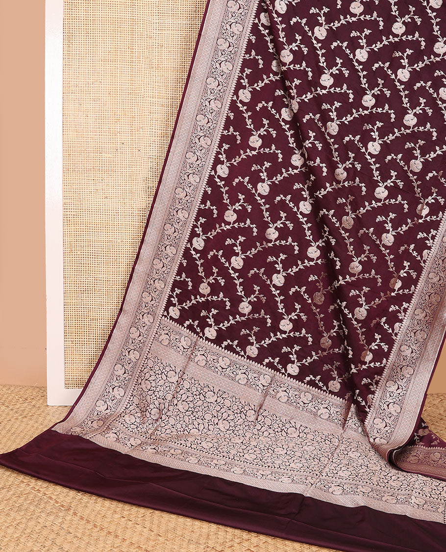 Brown floral design banaras silk saree with self intricate zari design border & floral design pallu