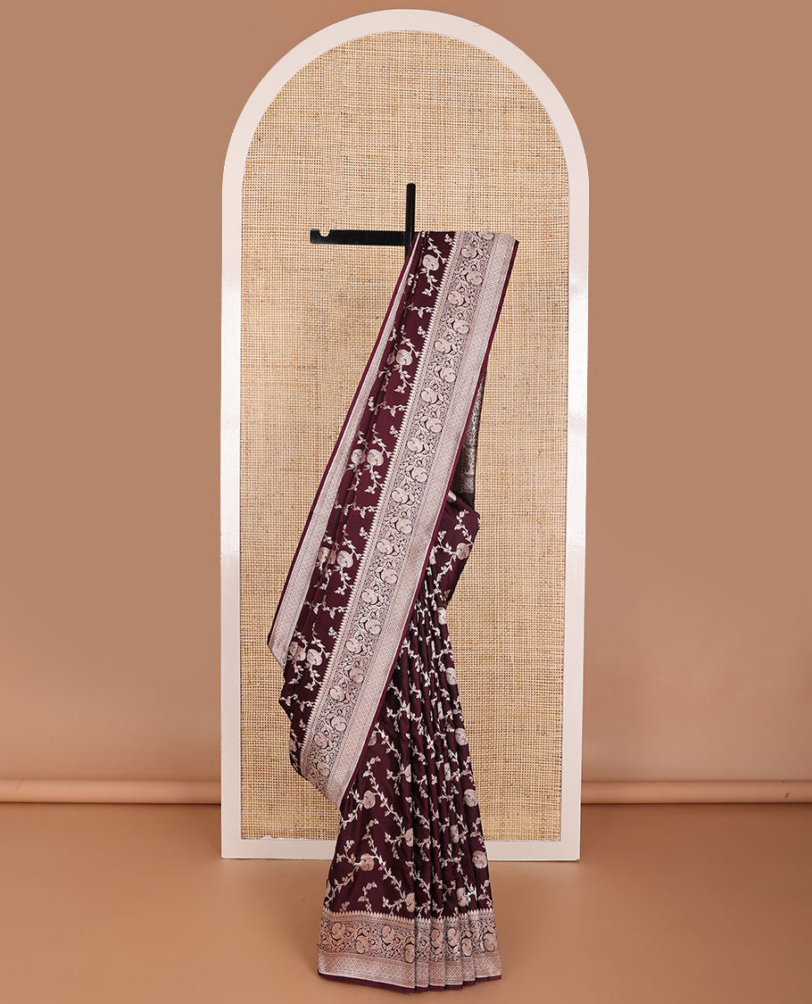 Brown floral design banaras silk saree with self intricate zari design border & floral design pallu