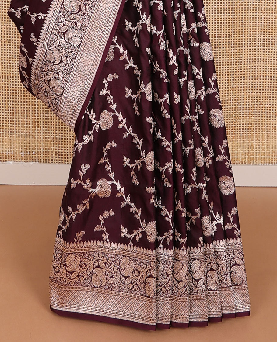 Brown floral design banaras silk saree with self intricate zari design border & floral design pallu