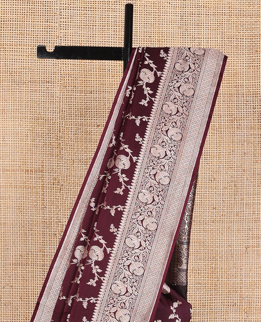 Brown floral design banaras silk saree with self intricate zari design border & floral design pallu