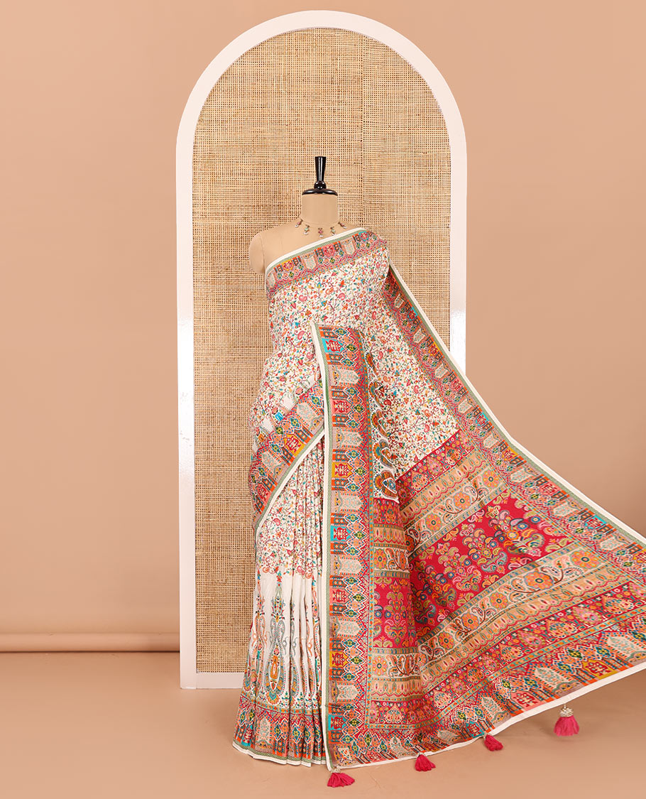 Cream intricate Mughal style position woven Russian silk saree, Mughal style motifs position woven border, pallu, and a contrast manga buttas blouse