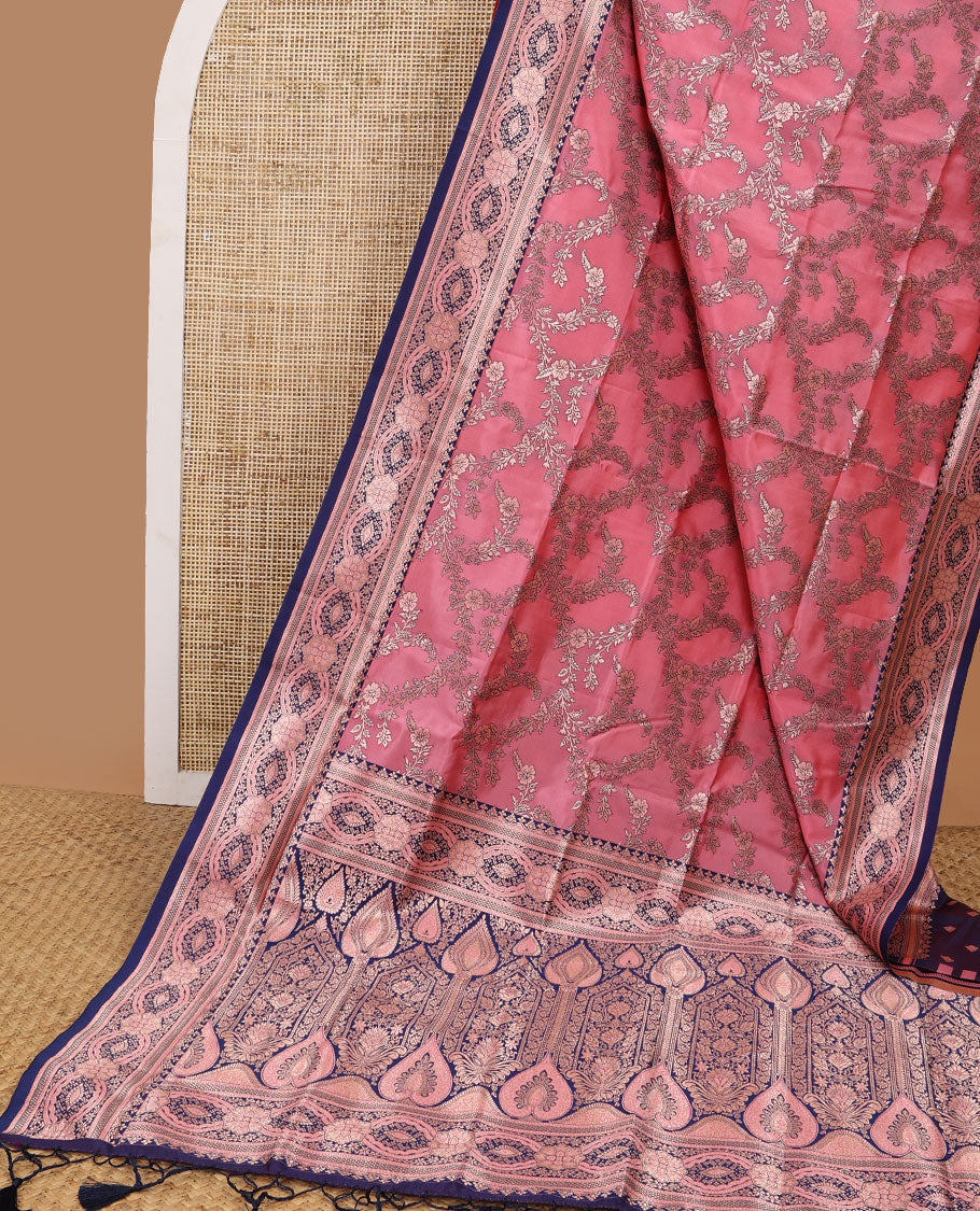 Peach floral jaal design butter silk saree with contrast intricate zari design border & floral design pallu