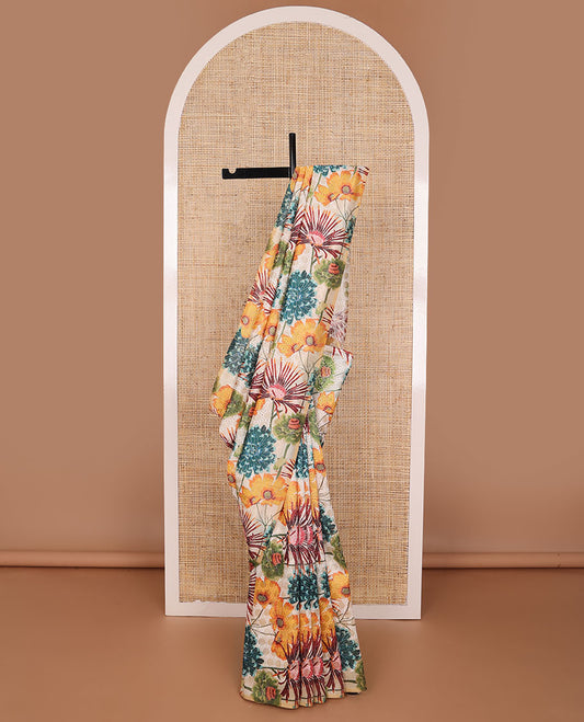 Borderless white floral design, thread embroidery kamala silk saree with contrast checked blouse