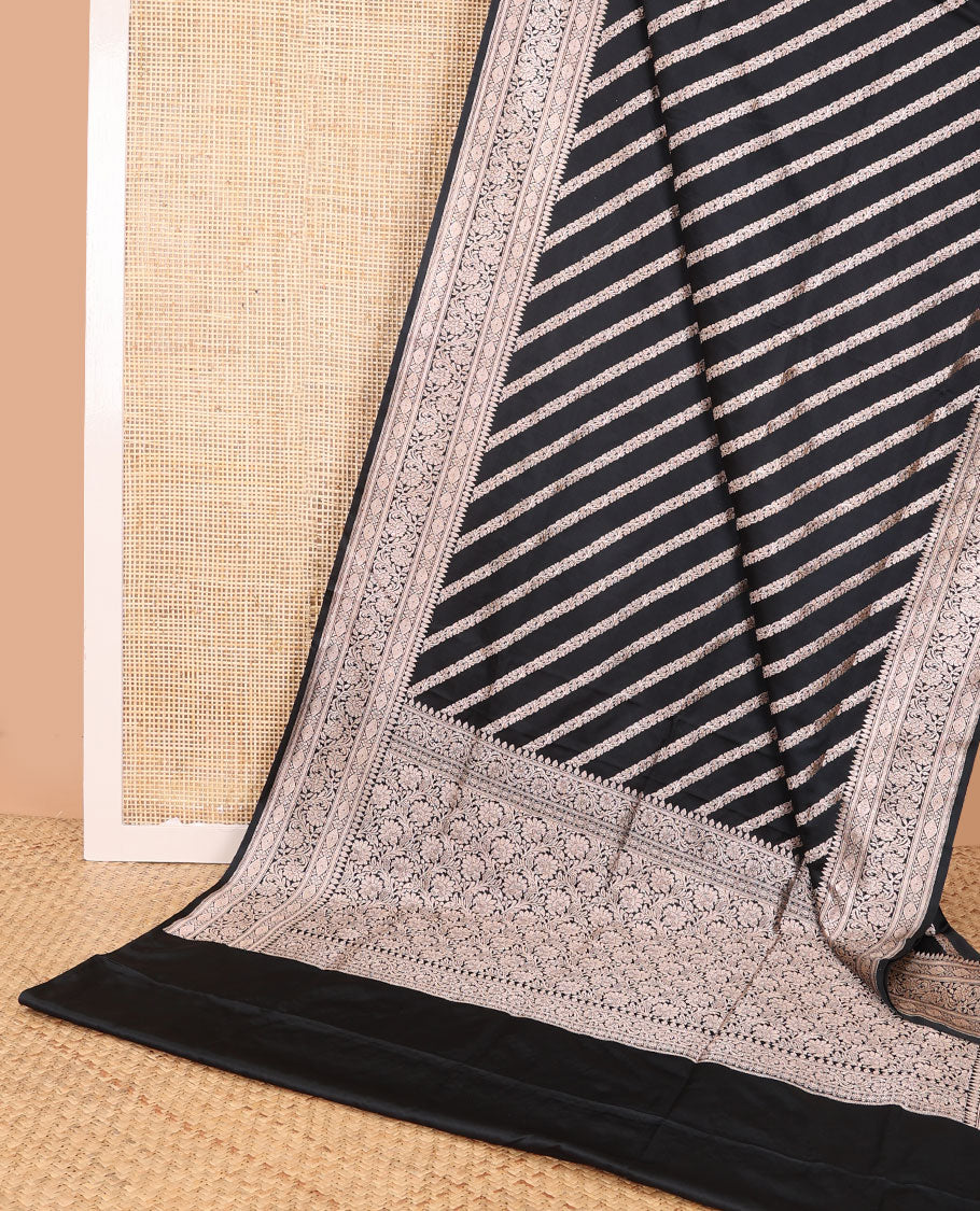 Black striped floral design banaras silk saree with self intricate zari design border & floral design pallu