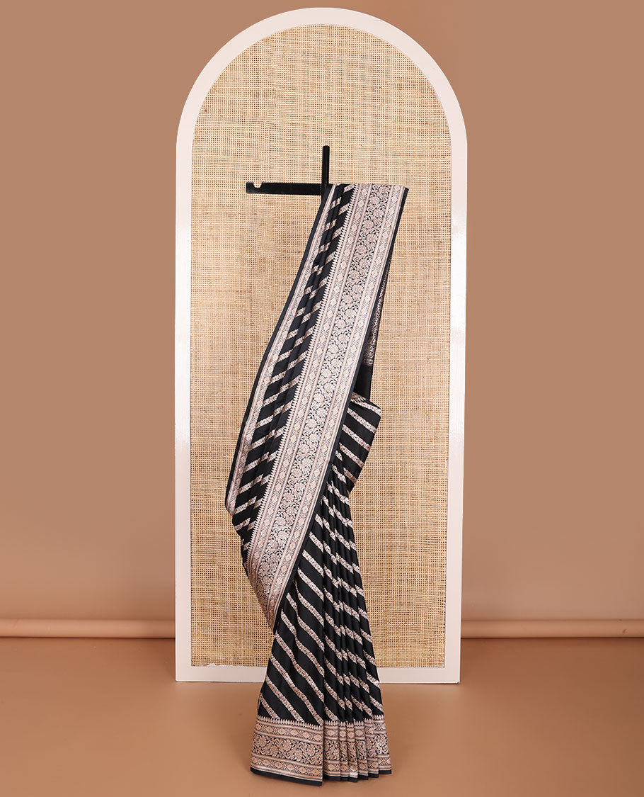 Black striped floral design banaras silk saree with self intricate zari design border & floral design pallu