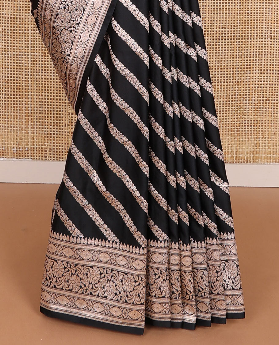 Black striped floral design banaras silk saree with self intricate zari design border & floral design pallu