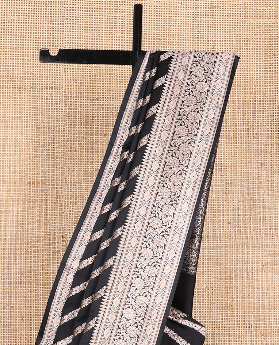 Black striped floral design banaras silk saree with self intricate zari design border & floral design pallu