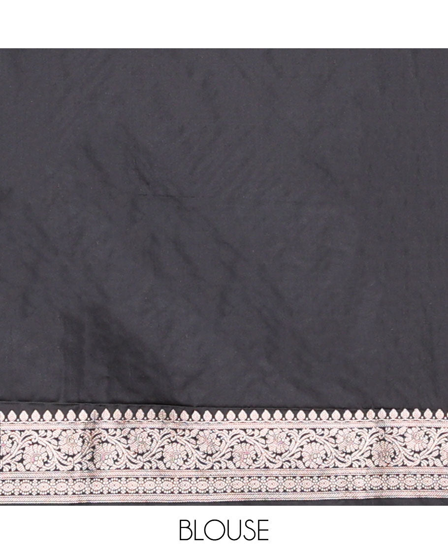 Black striped floral design banaras silk saree with self intricate zari design border & floral design pallu