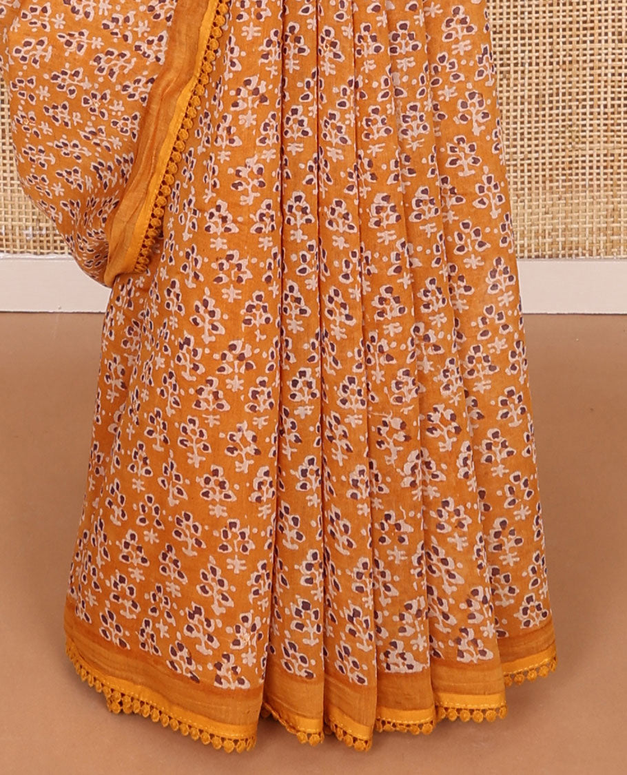 Orange floral design chanderi cotton saree with self plain border