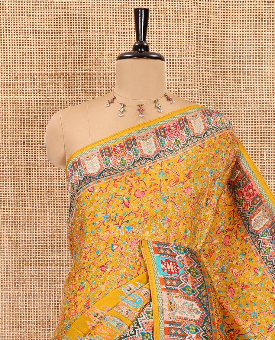 Mustard intricate Mughal style position woven Russian silk saree, Mughal style motifs position woven border, pallu, and a contrast manga buttas blouse