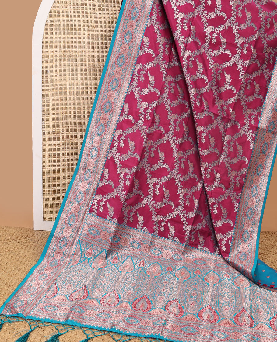 Purple floral jacquard design butter silk saree with contrast intricate zari design border & floral design pallu