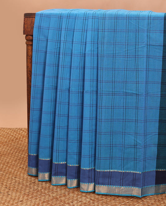 Blue checked mangalagiri cotton saree with contrast striped border & checked pallu