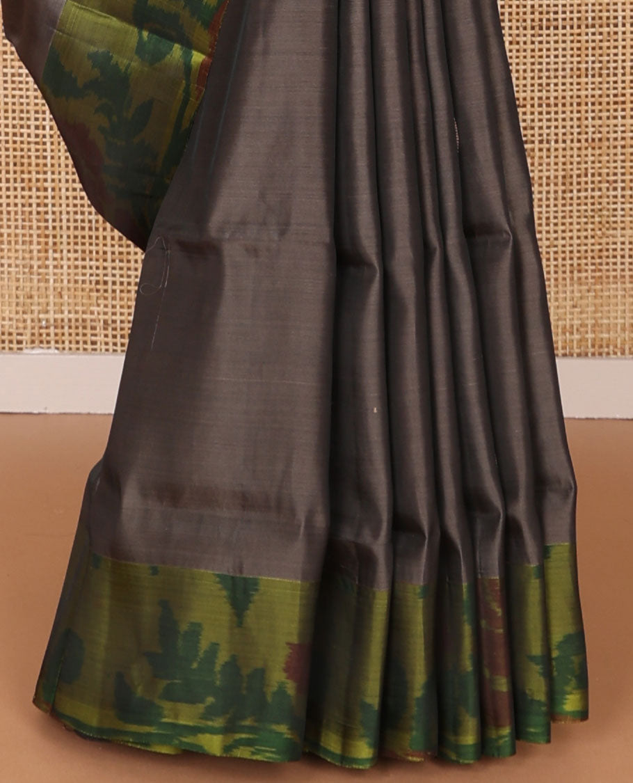 Dark grey floral motifs uppada saree with contrast floral design border & floral design pallu