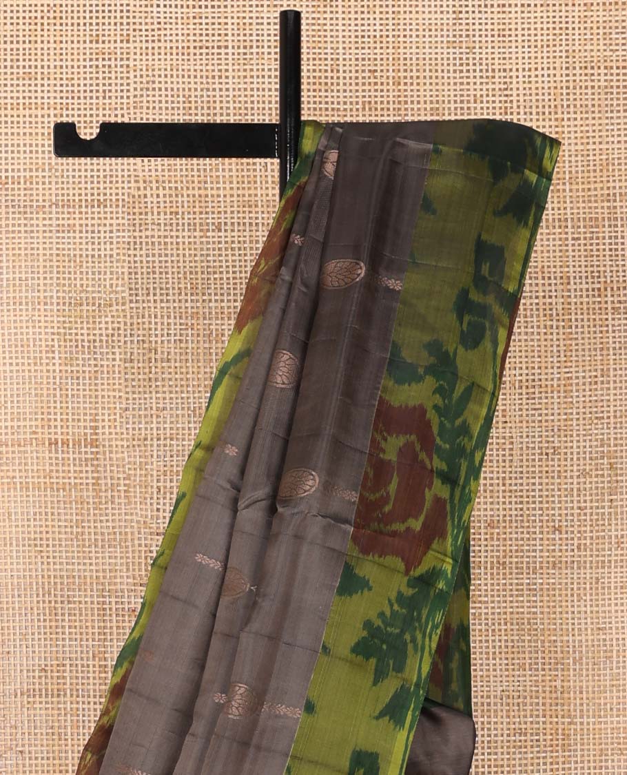 Dark grey floral motifs uppada saree with contrast floral design border & floral design pallu