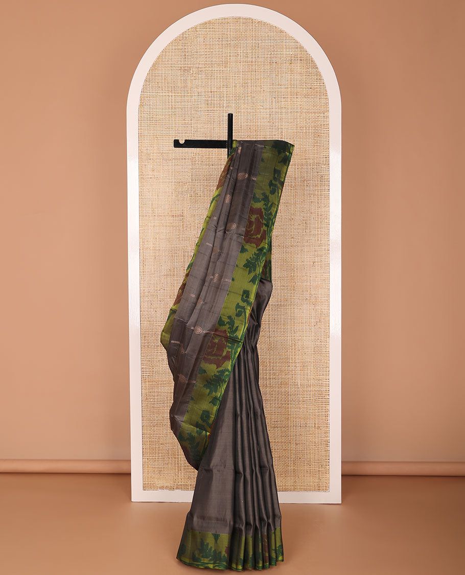 Dark grey floral motifs uppada saree with contrast floral design border & floral design pallu
