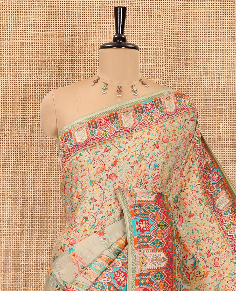 Chikku intricate Mughal style position woven Russian silk saree, Mughal style motifs position woven border, pallu, and a contrast manga buttas blouse