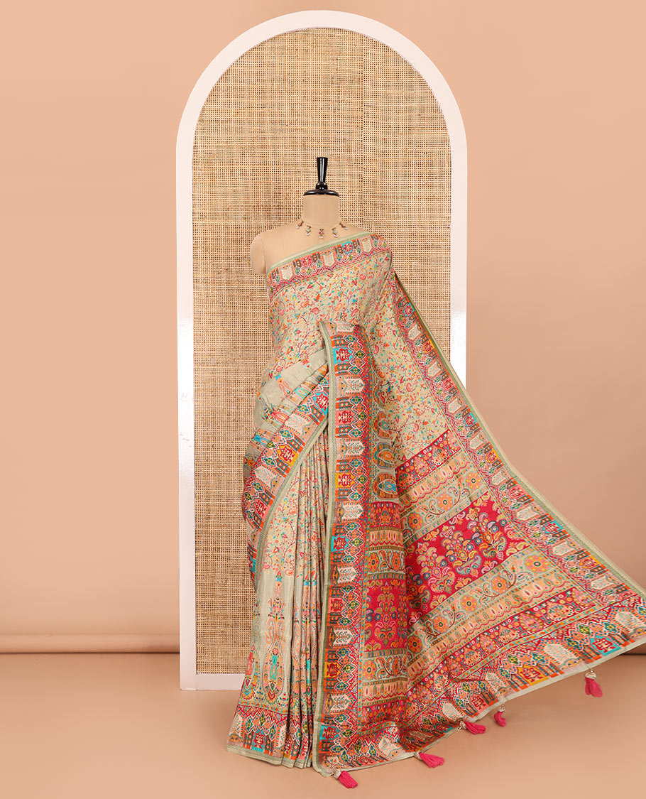 Chikku intricate Mughal style position woven Russian silk saree, Mughal style motifs position woven border, pallu, and a contrast manga buttas blouse
