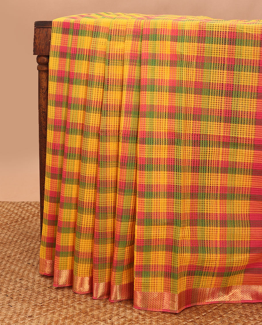 Multi-color checked mangalagiri cotton saree with contrast zari design border & striped pallu
