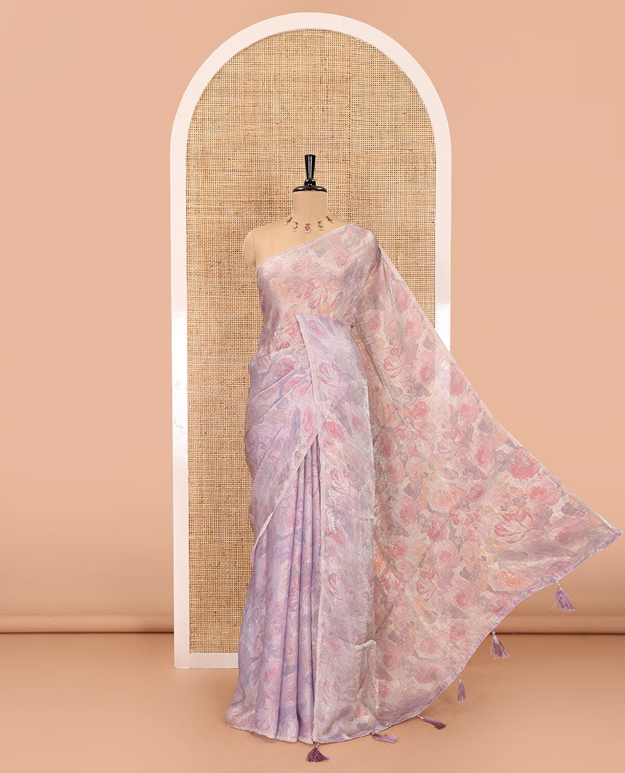 Borderless lavender colorful floral printed fendi satin saree, self-pallu, and plain blouse