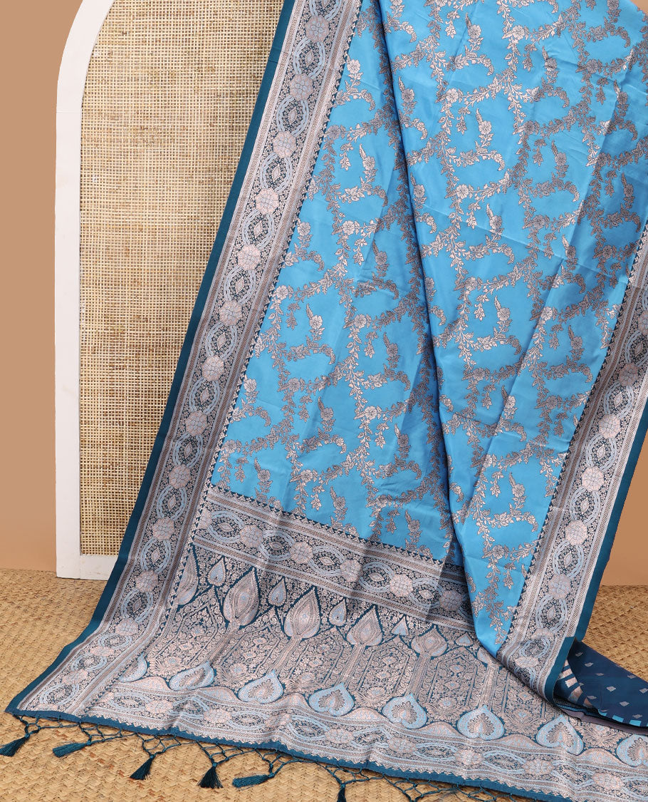 Blue floral jaal design butter silk saree with contrast intricate zari design border & floral design pallu
