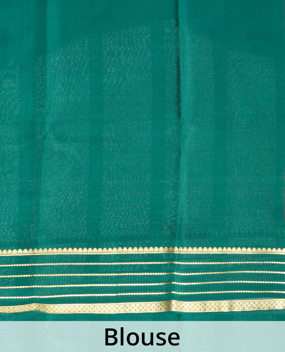 Red Plain Mysore Silk Saree, Complemented by a Contrast Varisai Pettu Border of Traditional Zari Designs, a Subtly Sparkled Pallu of Zari Stripes, and a Contrast Blouse