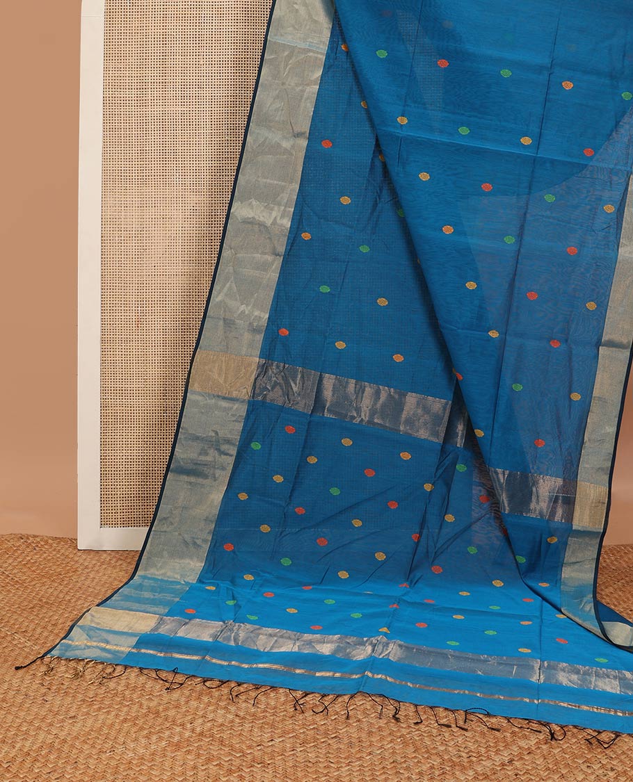 Blue round motifs maheshwari cotton saree with contrast zari border & round motifs, striped pallu