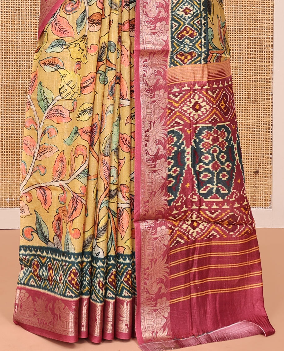 Yellow Kalamkari Saree, Adorned with Floral Vine Print, Complemented by Contrast Zari Woven Border, Ikkat Pallu, and a Contrast Blouse