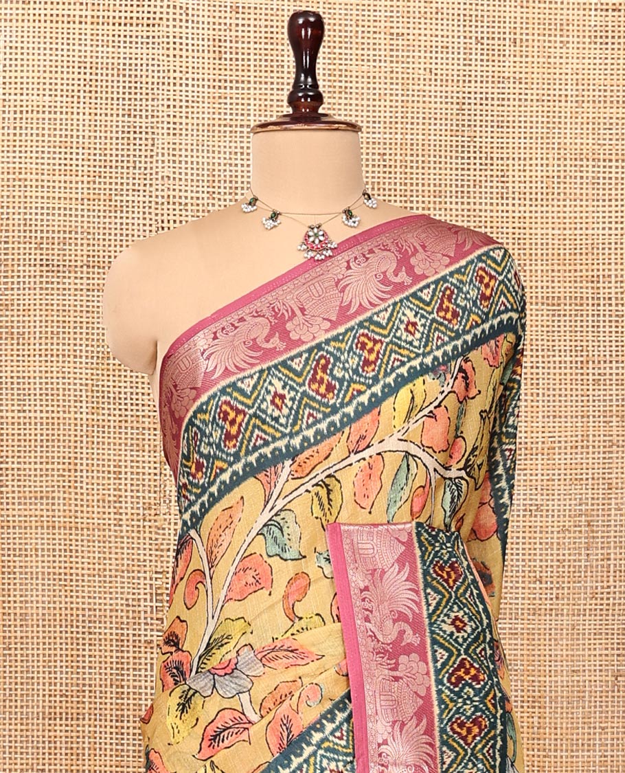 Yellow Kalamkari Saree, Adorned with Floral Vine Print, Complemented by Contrast Zari Woven Border, Ikkat Pallu, and a Contrast Blouse