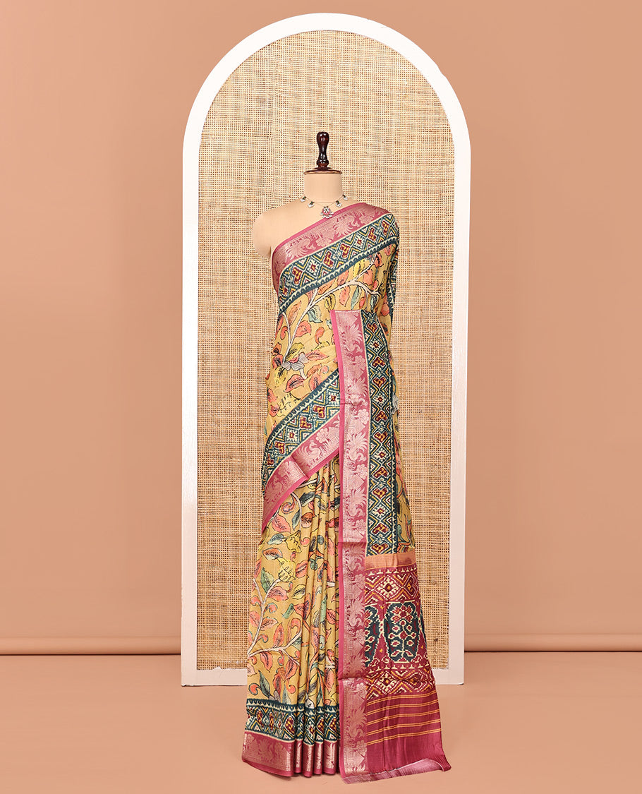 Yellow Kalamkari Saree, Adorned with Floral Vine Print, Complemented by Contrast Zari Woven Border, Ikkat Pallu, and a Contrast Blouse
