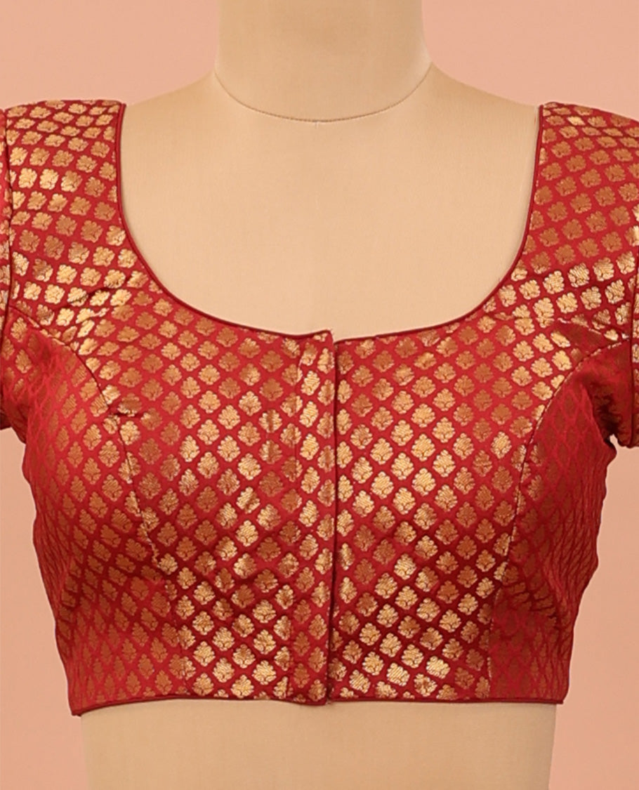 Red zari jacquard front-back round neck elbow sleeve readymade blouse