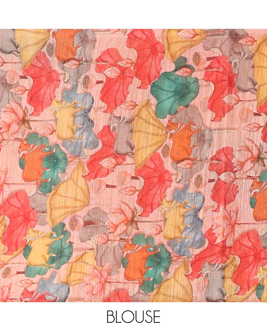 Pink floral design tussar silk saree with self pichwai design border & pichwai design pallu