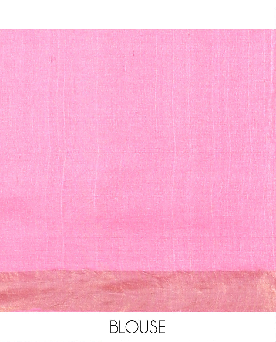 Pink buttas woven tussar saree, piping border, and pallu of floral designs