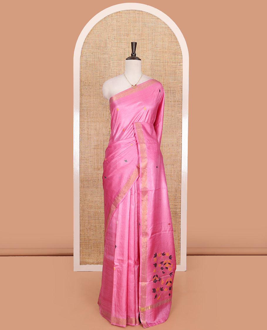Pink buttas woven tussar saree, piping border, and pallu of floral designs