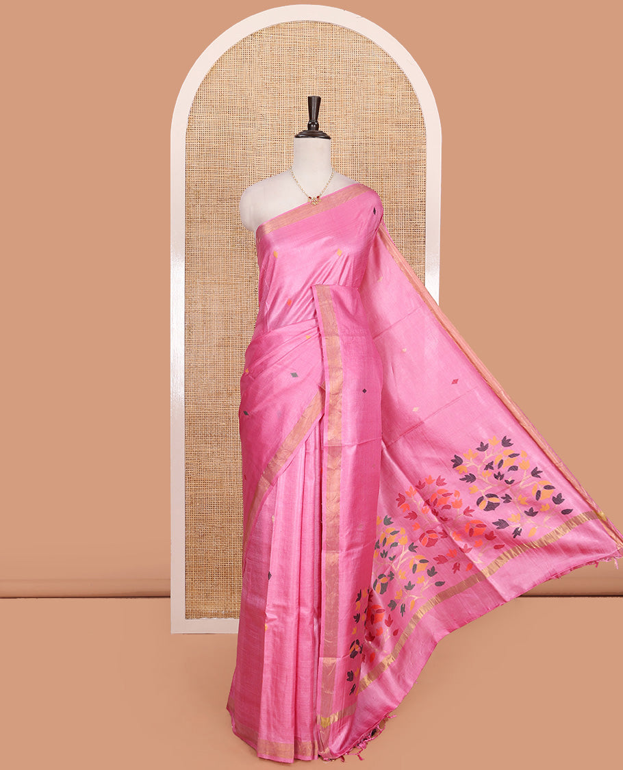 Pink buttas woven tussar saree, piping border, and pallu of floral designs