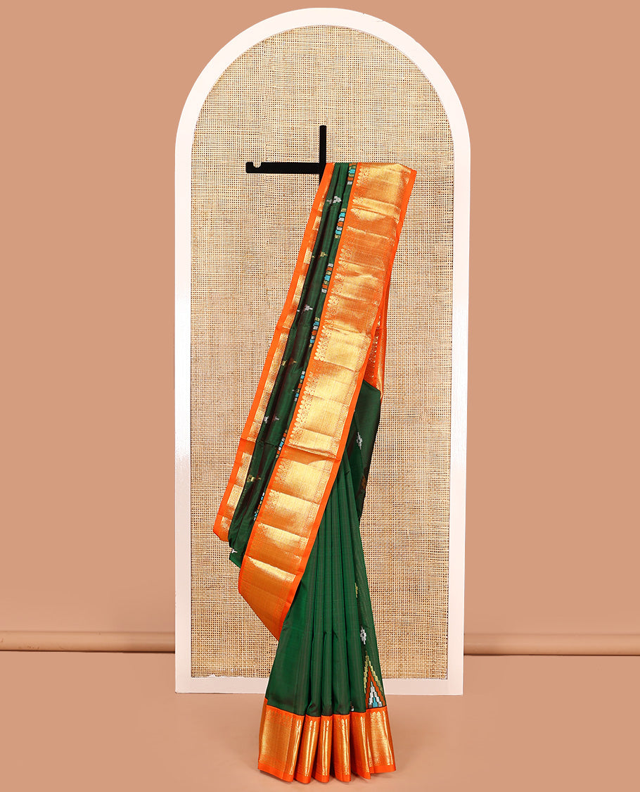 Green buttas Venkatagiri silk saree, contrast temple traditional zari design border, and pallu of zari stripes, and temple designs