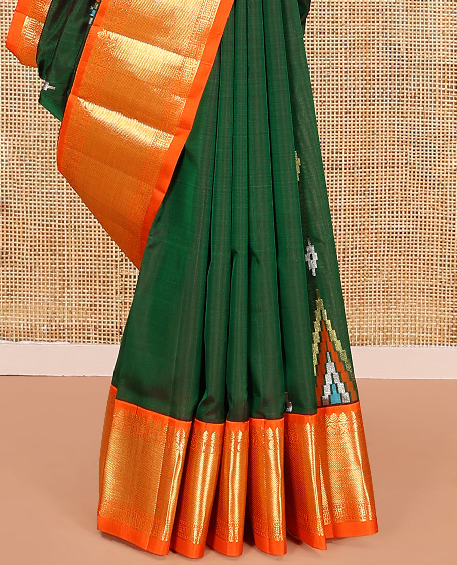 Green buttas Venkatagiri silk saree, contrast temple traditional zari design border, and pallu of zari stripes, and temple designs
