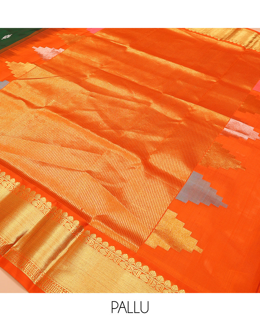 Green buttas Venkatagiri silk saree, contrast temple traditional zari design border, and pallu of zari stripes, and temple designs