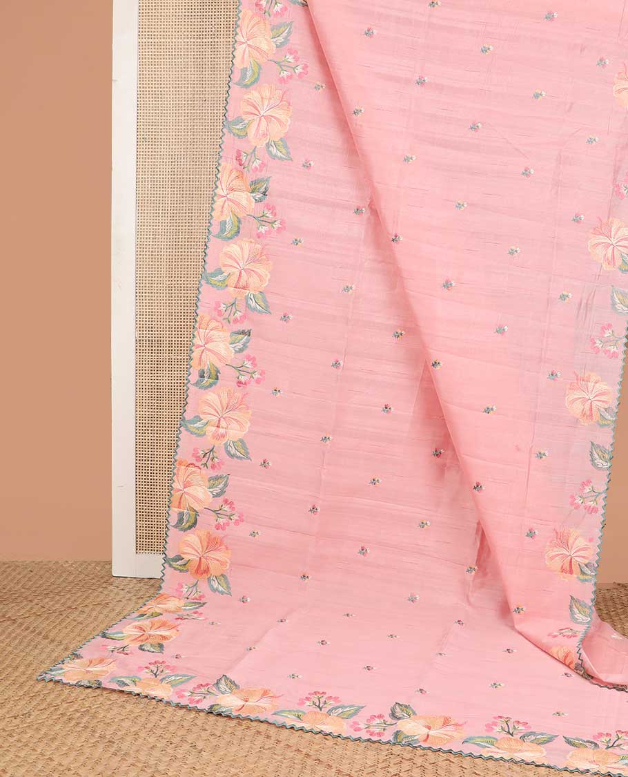 Light pink buttas organza saree with self floral embroidery, scallop border