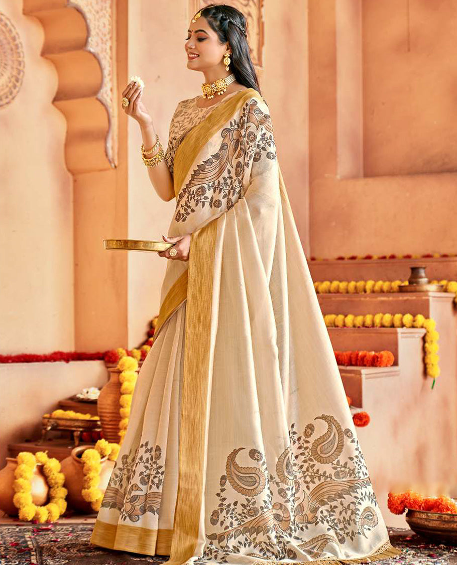 Cream floral vine, and peacock design designer catalog saree, bavanji border, and pallu of floral, paisley, and peacock design