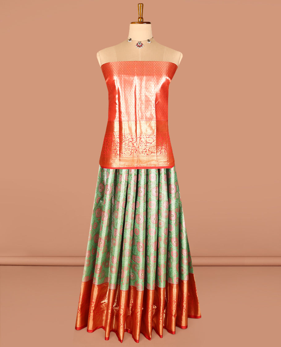 Green Art Silk Half-Saree, Adorned with Floral Jacquard Design, Contrast Traditional Zari Border, Paired with a Contrast Jacquard Blouse, and an Intricate Dhavani