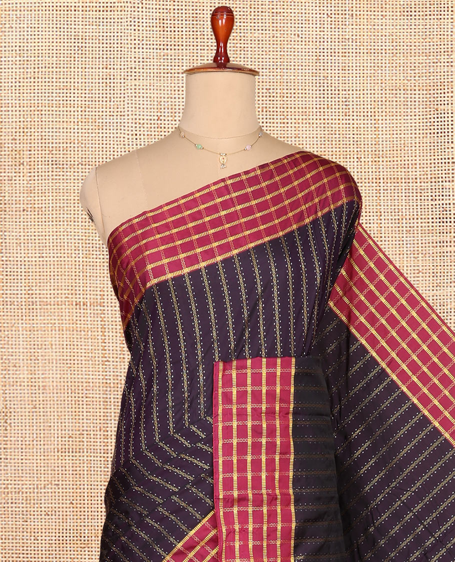 Purple Aarani Gift Saree, Elevated with Zari Stripes on Its Body, Complemented by a Contrast Checked Border, Pallu of Stripes, and Paired with a Matching Blouse