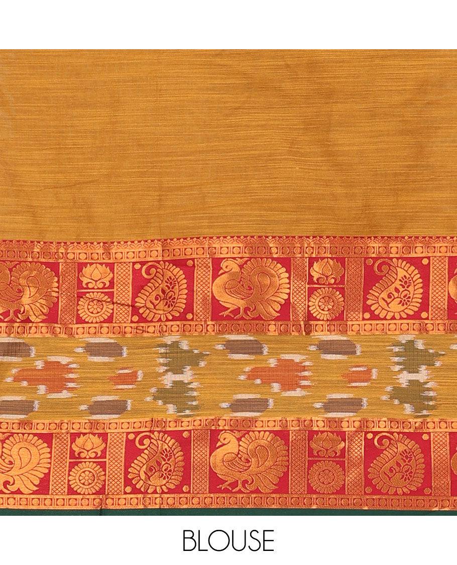 Honey orange lehenga set, plain with contrast manga zari and ikkat border skirt, matching blouse and contrast zari border plain dhavani