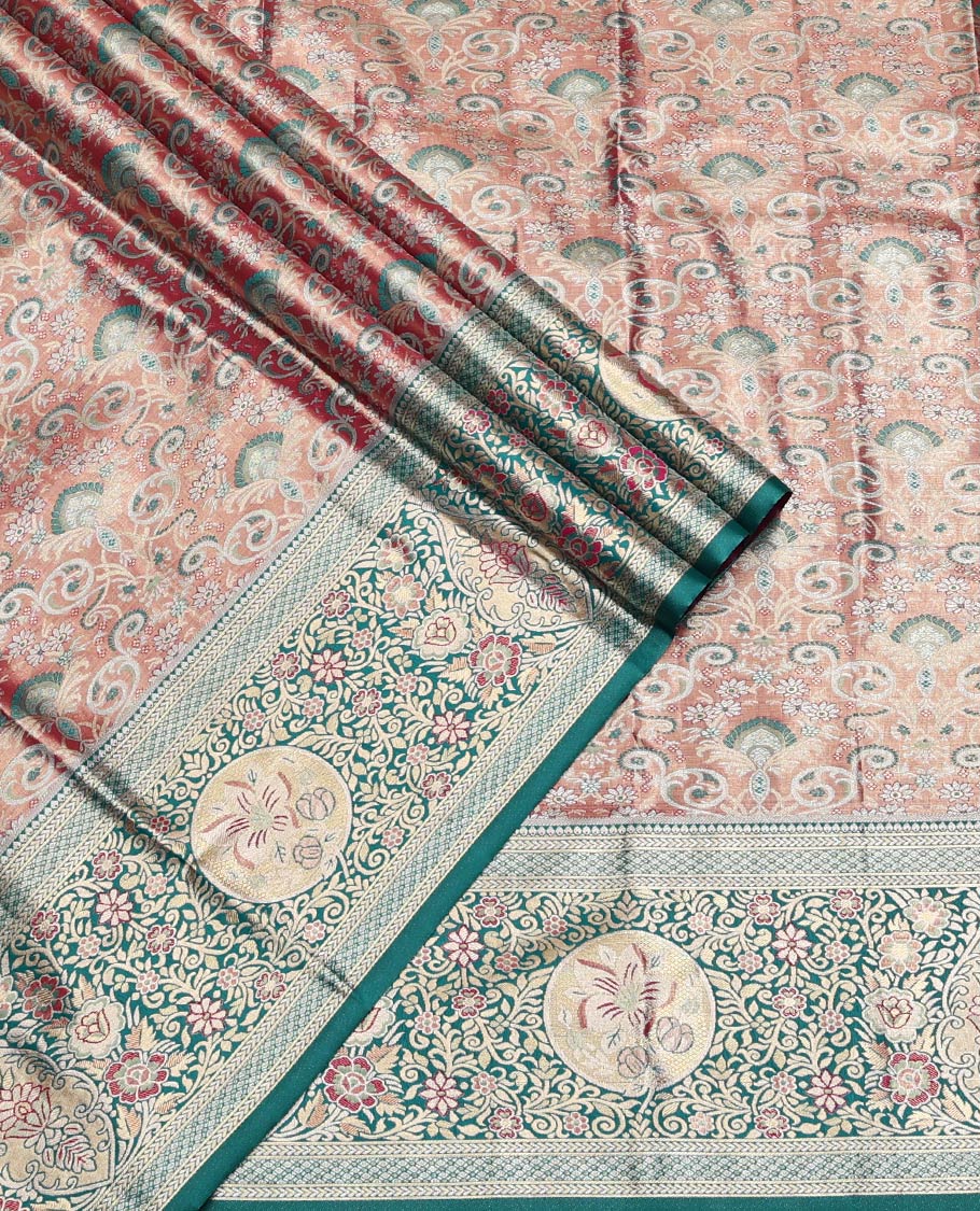 Red Art Silk Half-Saree, Elevated with Jacquard Design, Contrast Intricate Zari Border, Paired with a Contrast Jacquard Blouse, and an Intricate Dhavani