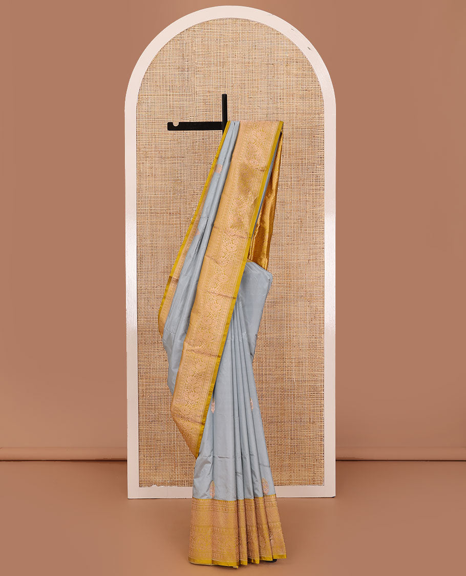 Grey floral zari buttas katan silk saree, contrast traditional zari border, and jaal pallu