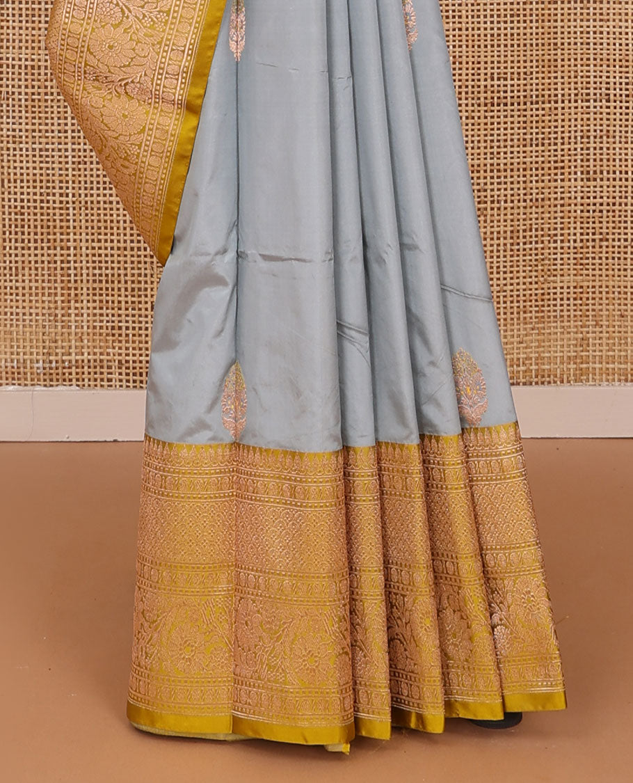 Grey floral zari buttas katan silk saree, contrast traditional zari border, and jaal pallu