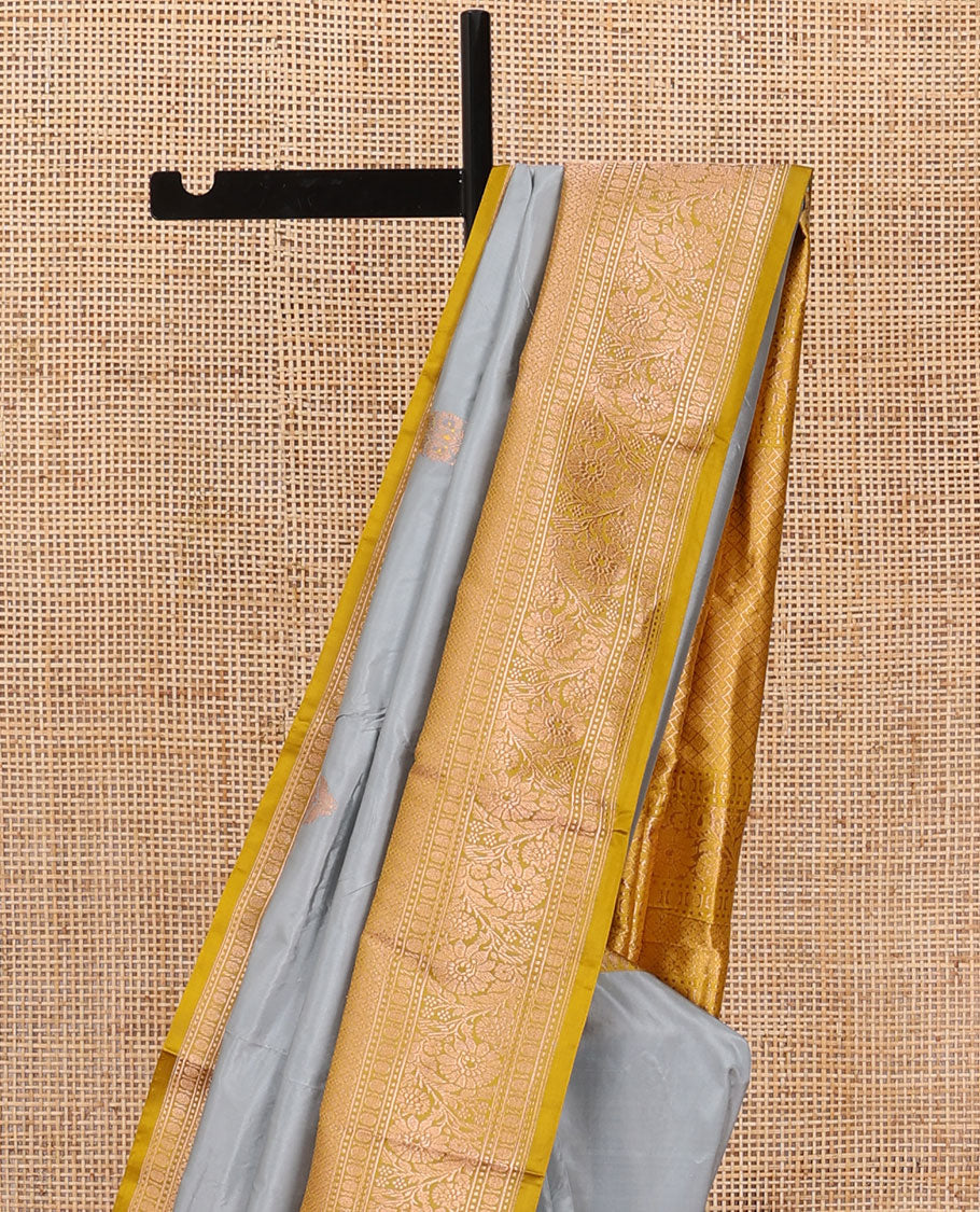 Grey floral zari buttas katan silk saree, contrast traditional zari border, and jaal pallu