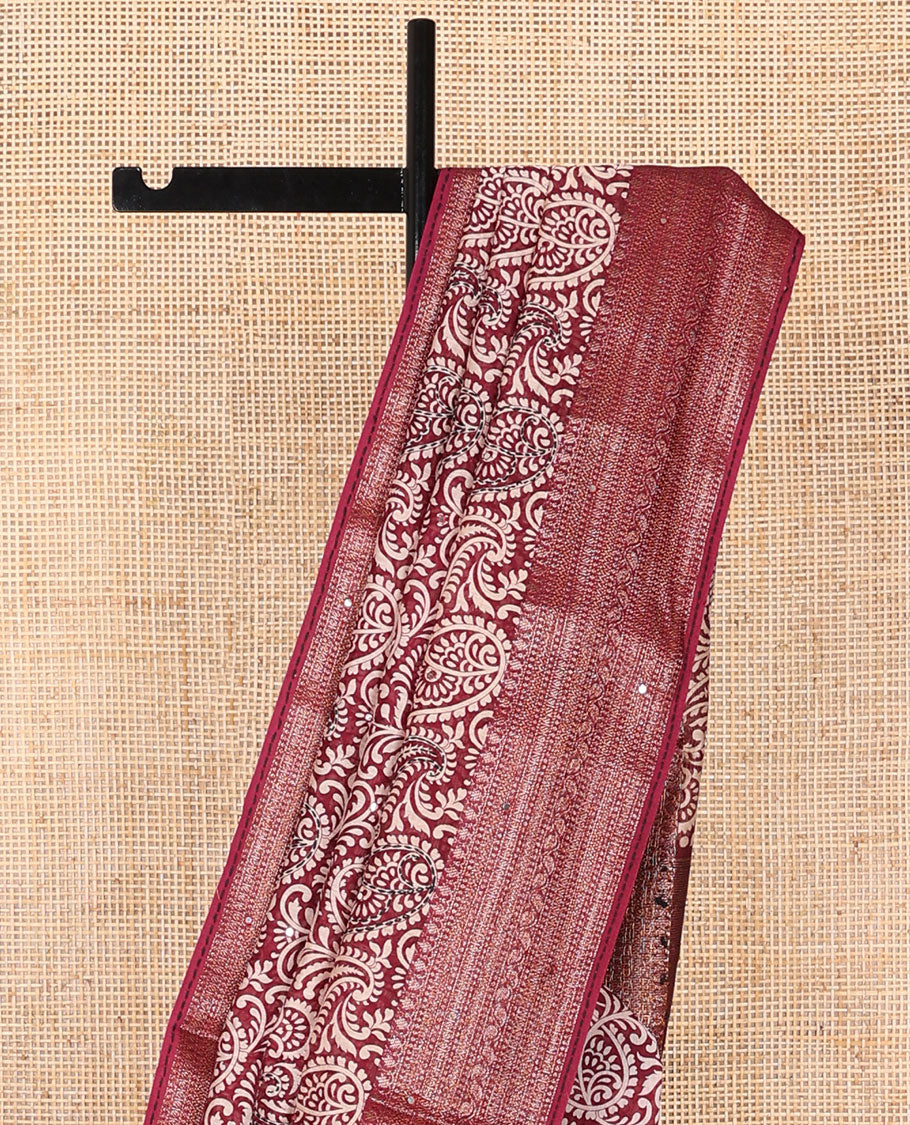 Maroon paisely design chanderi cotton saree with self zari design, sequins work border