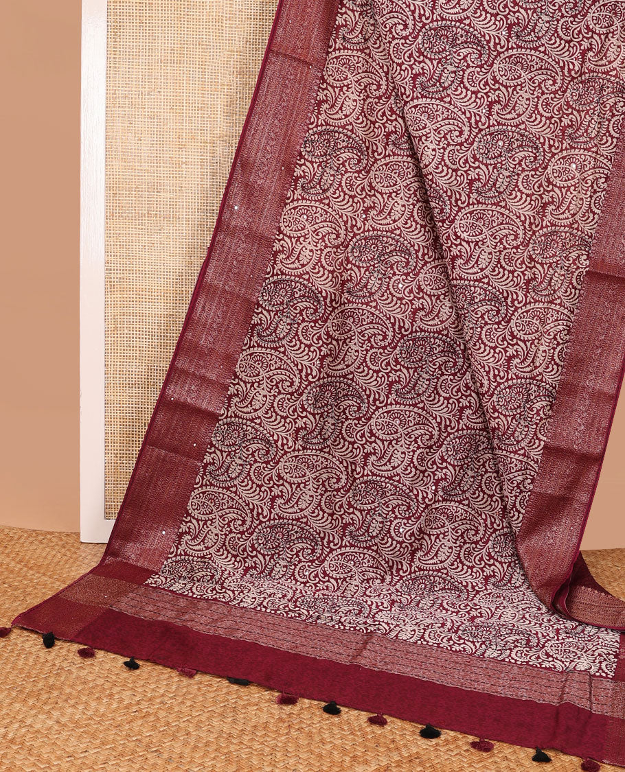 Maroon paisely design chanderi cotton saree with self zari design, sequins work border