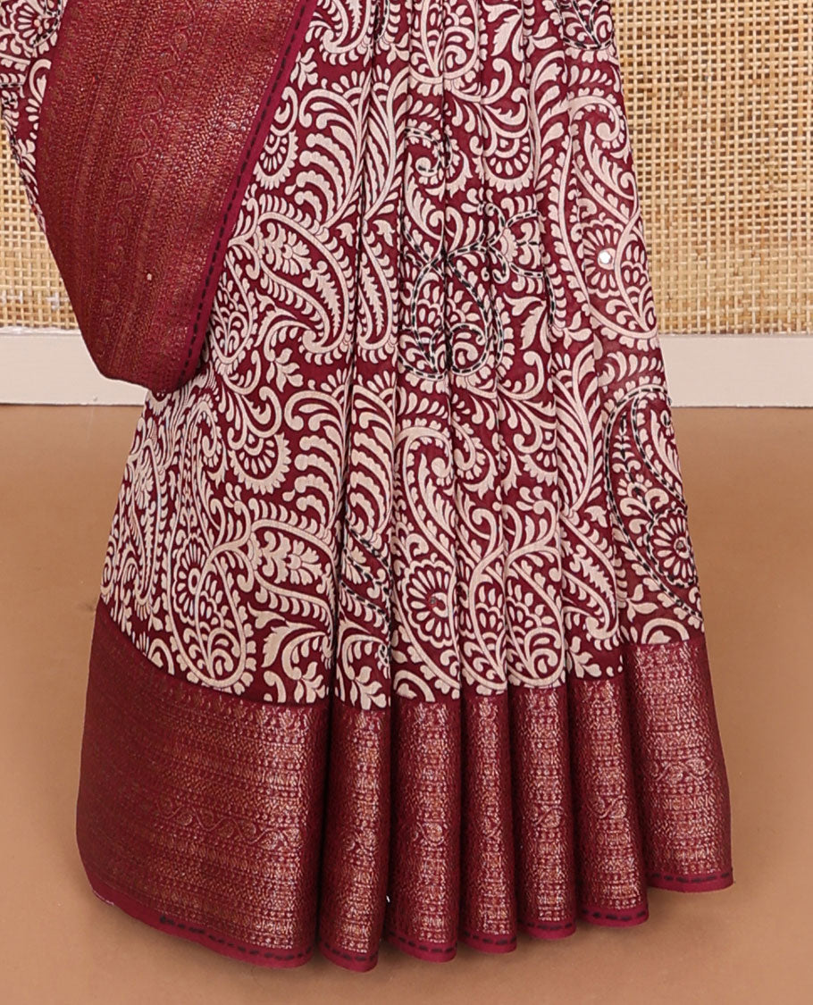 Maroon paisely design chanderi cotton saree with self zari design, sequins work border